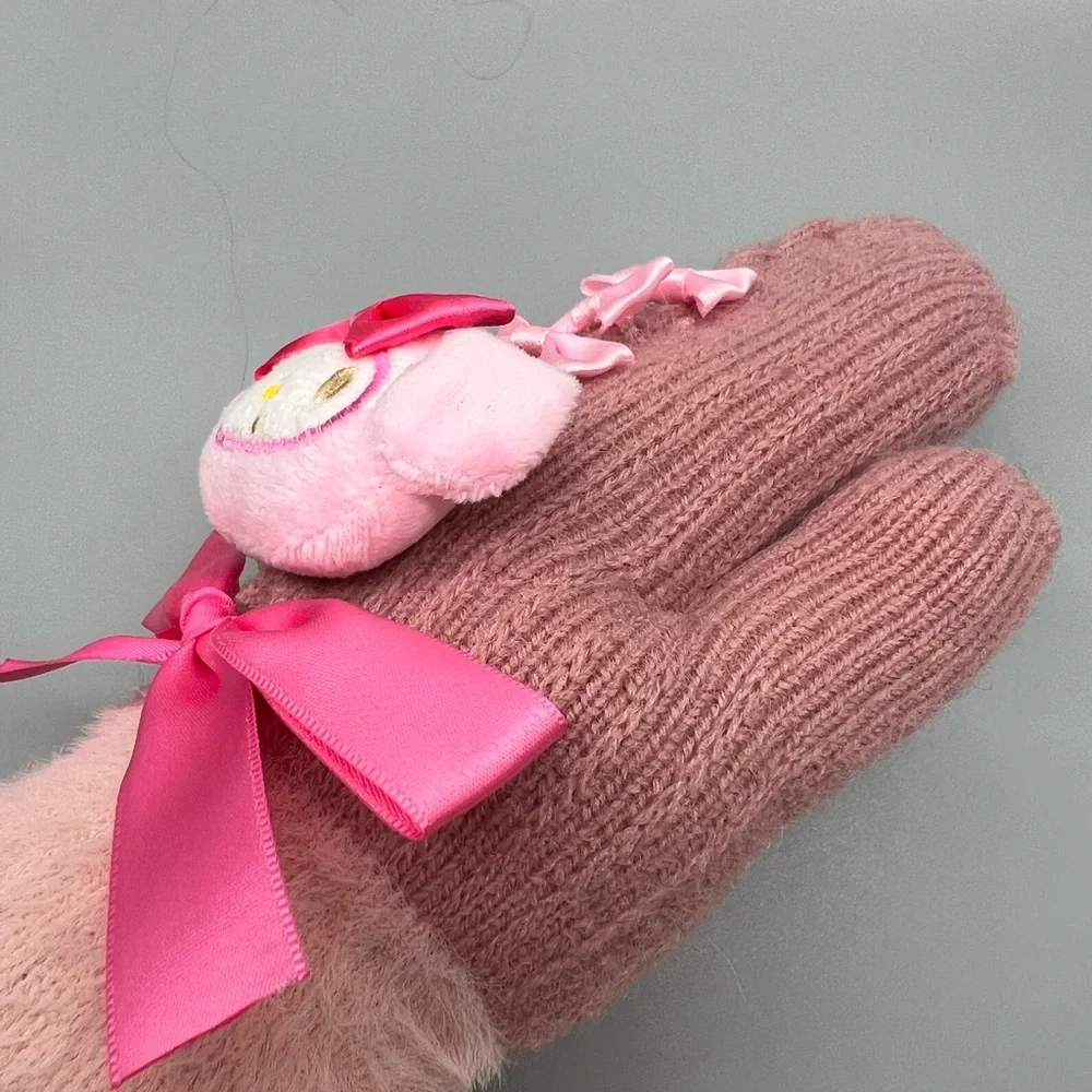 My Melody Sanrio Character • Plush Knit Mittens Gloves • Kawaii Bows Embellished